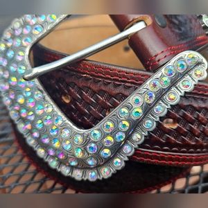 Tony Lama Aurora Borealis Crystal Rhinestone Tooled Dark Red Leather Belt Sz 34